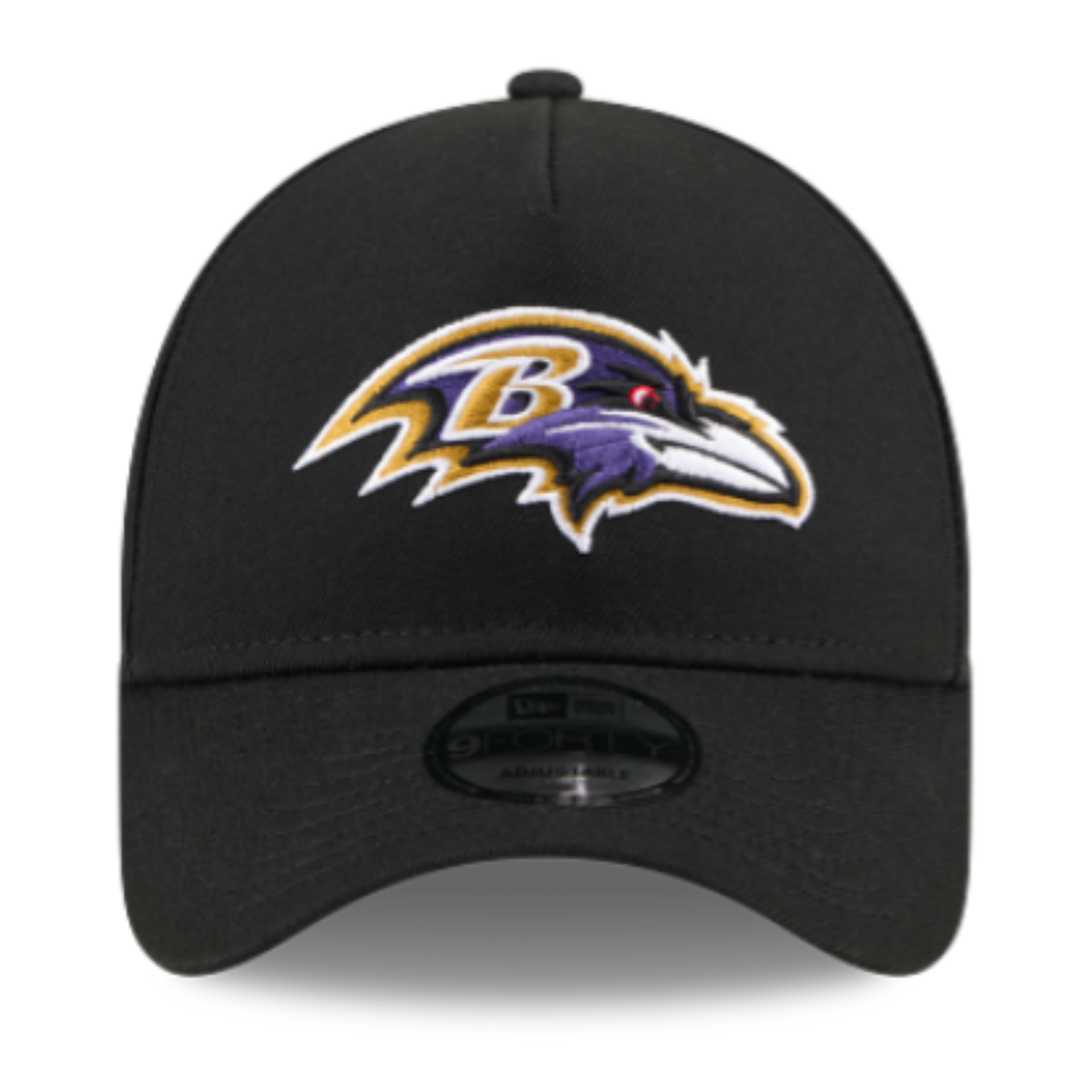 Front of New Era Baltimore Ravens Black A-Frame 9FORTY Snapback Hat