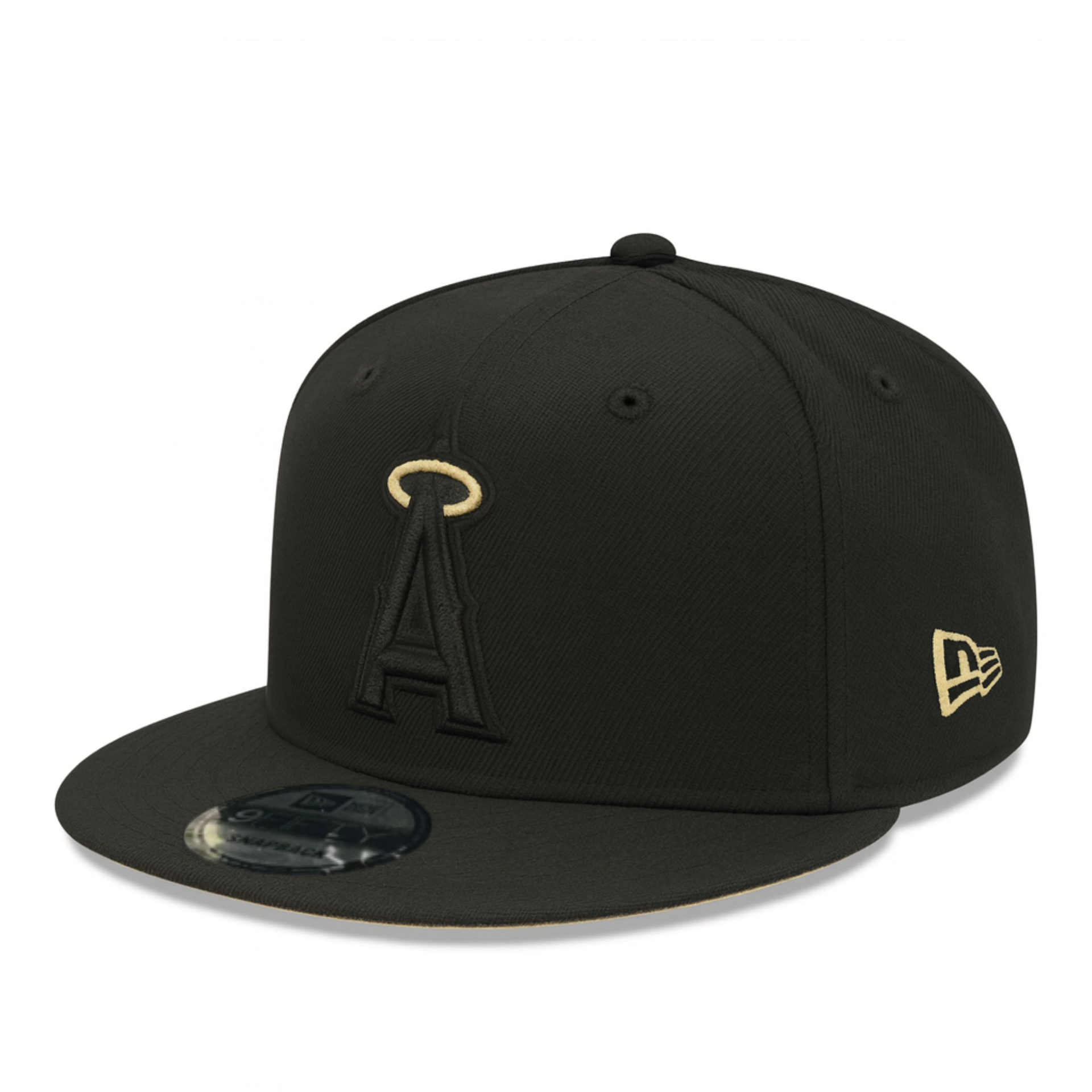side view of New Era Los Angeles Anaheim Angels Black Out Gold Halo 9FIFTY Snapback Hat