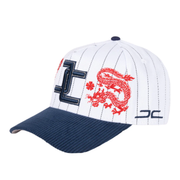 Left side of JC Brand Dragon White Navy Snapback Hat