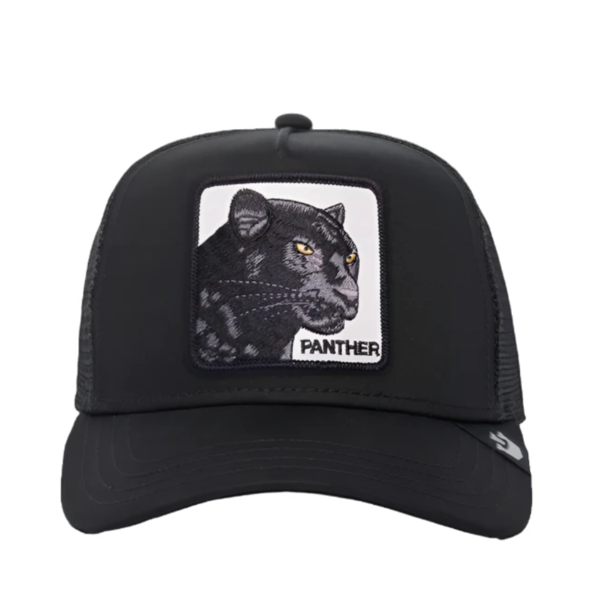 Front View of Goorin Bros The Panther Black Trucker Mesh Snapback