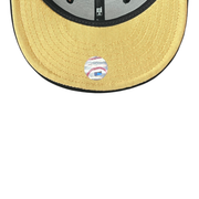 metallic gold under visor of New Era Los Angeles Anaheim Angels Black Out Gold Halo 9FIFTY Snapback Hat