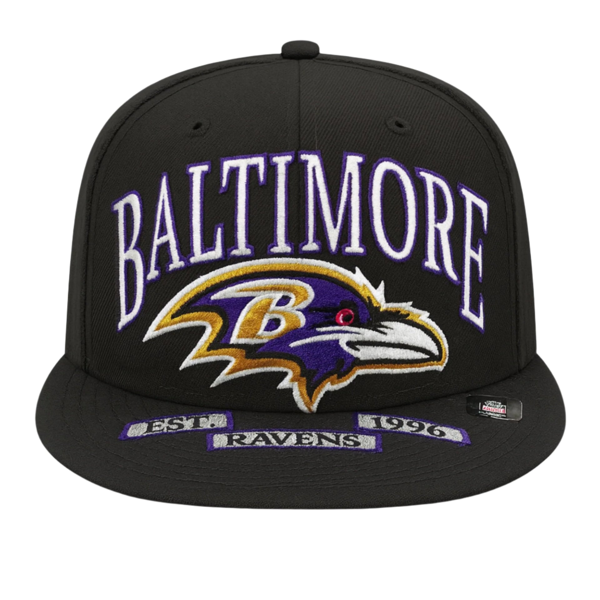 Front View of New Era Baltimore Ravens Oversized Logo Edition Black 59FIFTY Fitted Hat