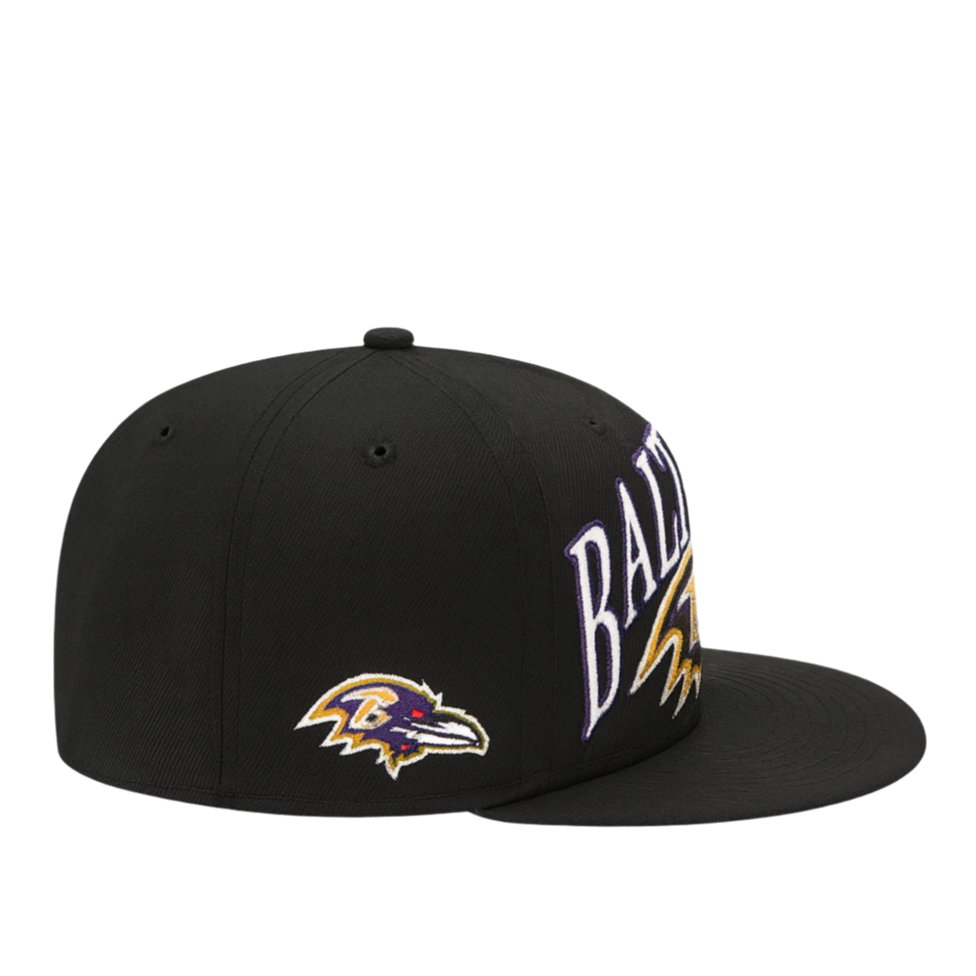 Side View of New Era Baltimore Ravens Oversized Logo Edition Black 59FIFTY Fitted Hat