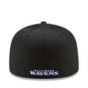 Back of New Era 59Fifty Baltimore Ravens Black Fitted Hat