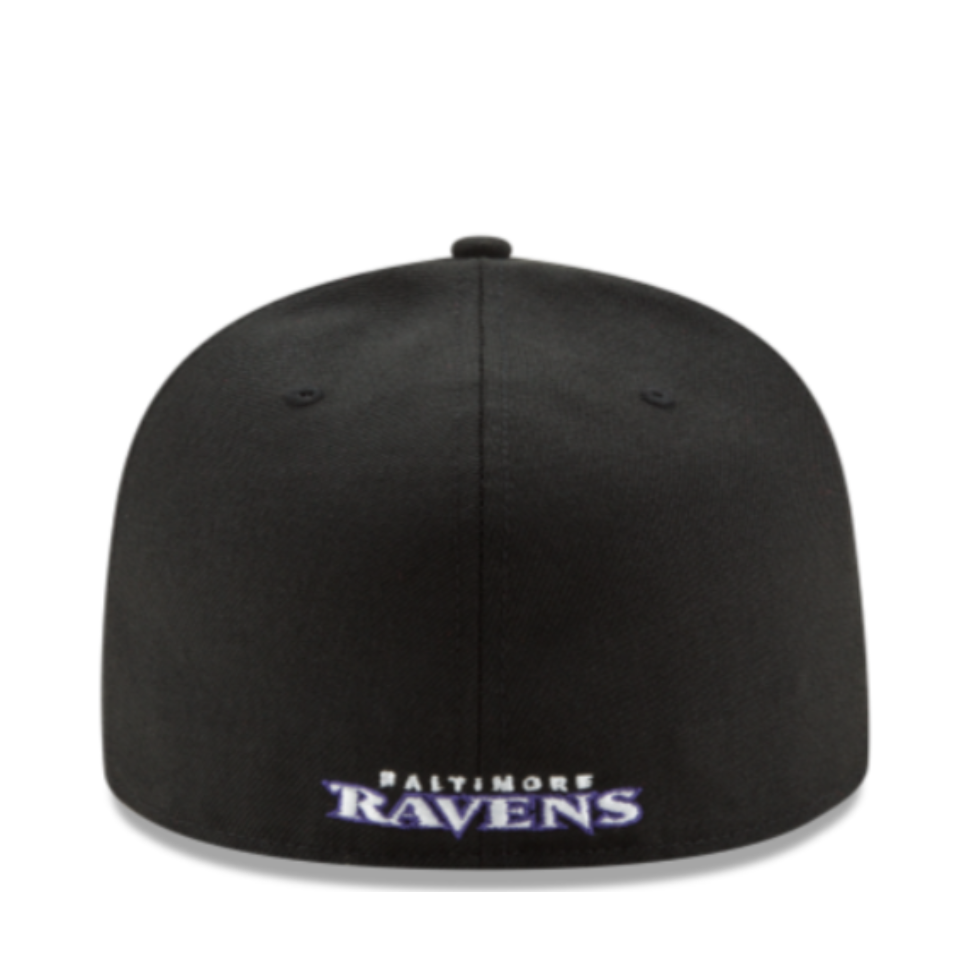 Back of New Era 59Fifty Baltimore Ravens Black Fitted Hat