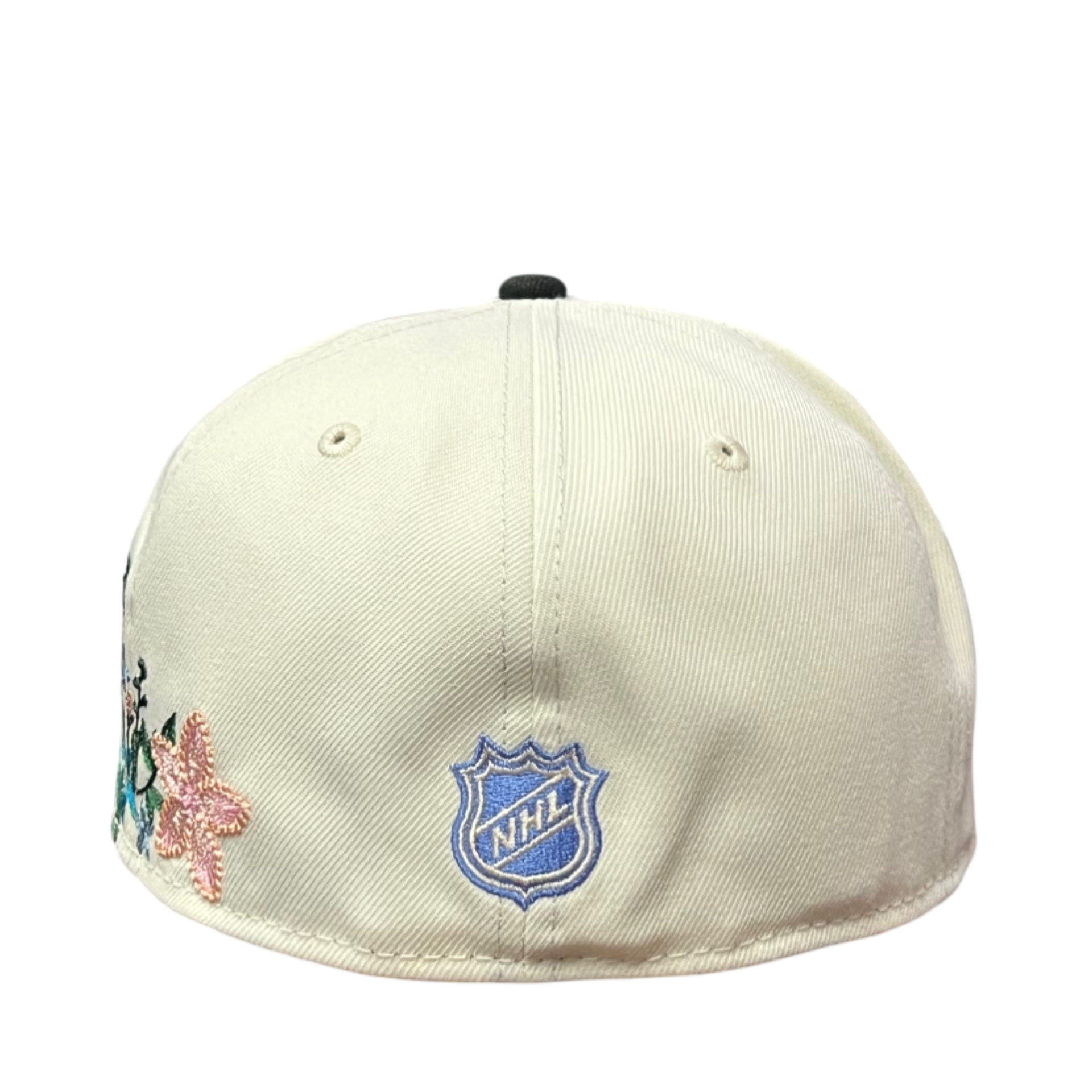 back of Anaheim Ducks Tonal Florals Chrome Black 59FIFTY Fitted Hat