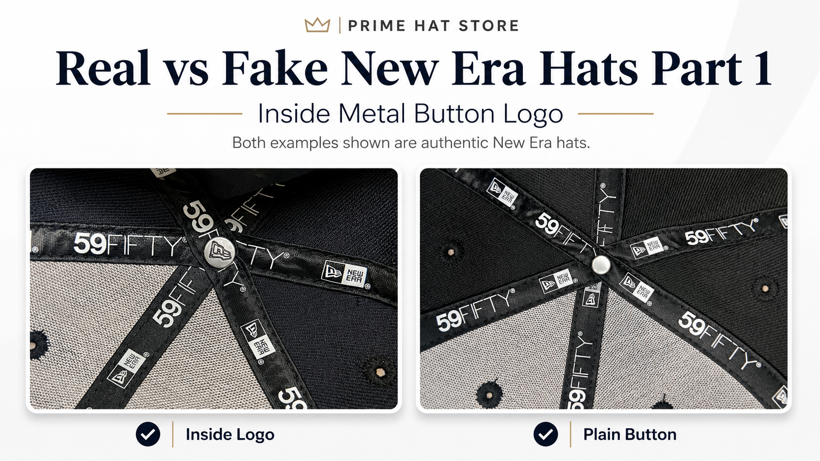 Authentic New Era 59FIFTY hat inside metal button detail for real vs fake guide
