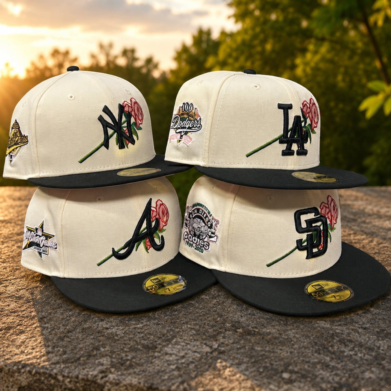 New Era Rose Collection MLB 59FIFTY fitted hats featuring Yankees Dodgers Braves and Padres embroidered rose designs
