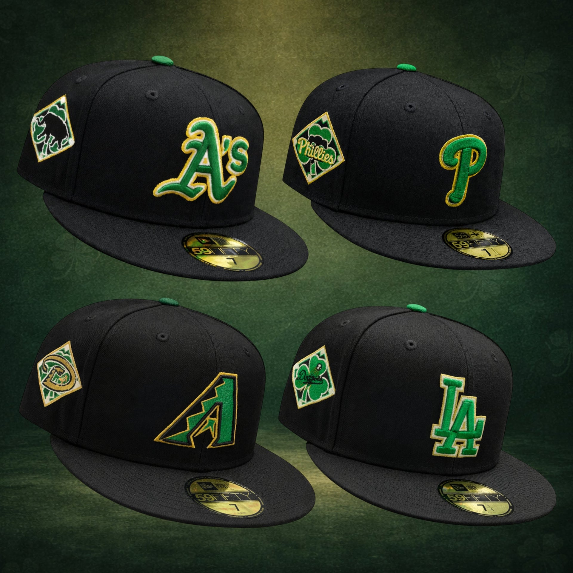 New Era St. Patrick’s Day MLB fitted hat collection including Dodgers, Phillies, Angels, Diamondbacks and Athletics black and green 59FIFTY caps