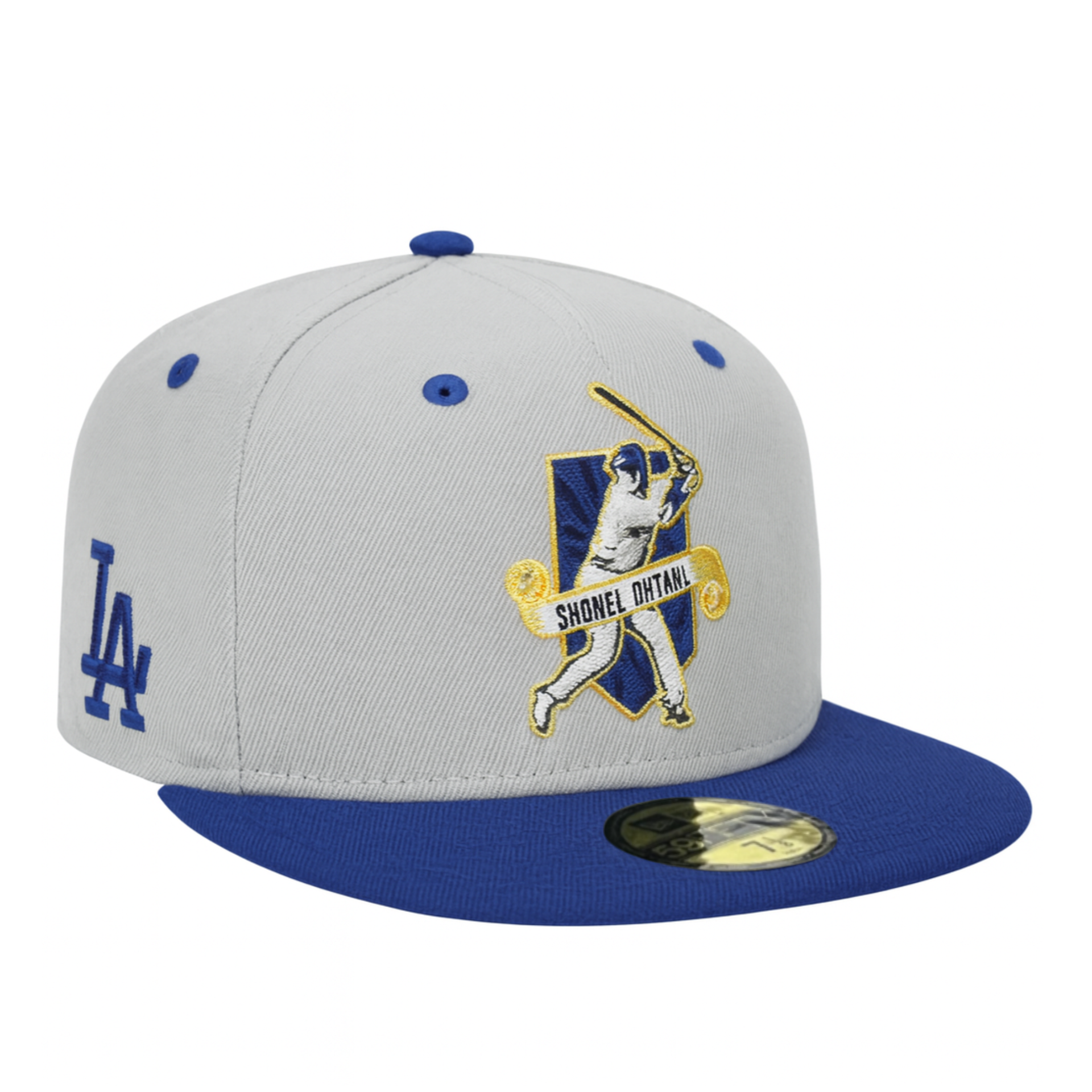 Side View New Era 59FIFTY Shohei Ohtani Los Angeles Dodgers fitted hat in grey and royal blue, featuring embroidered Ohtani batting logo on the front, LA logo on the side, and gold detailing.