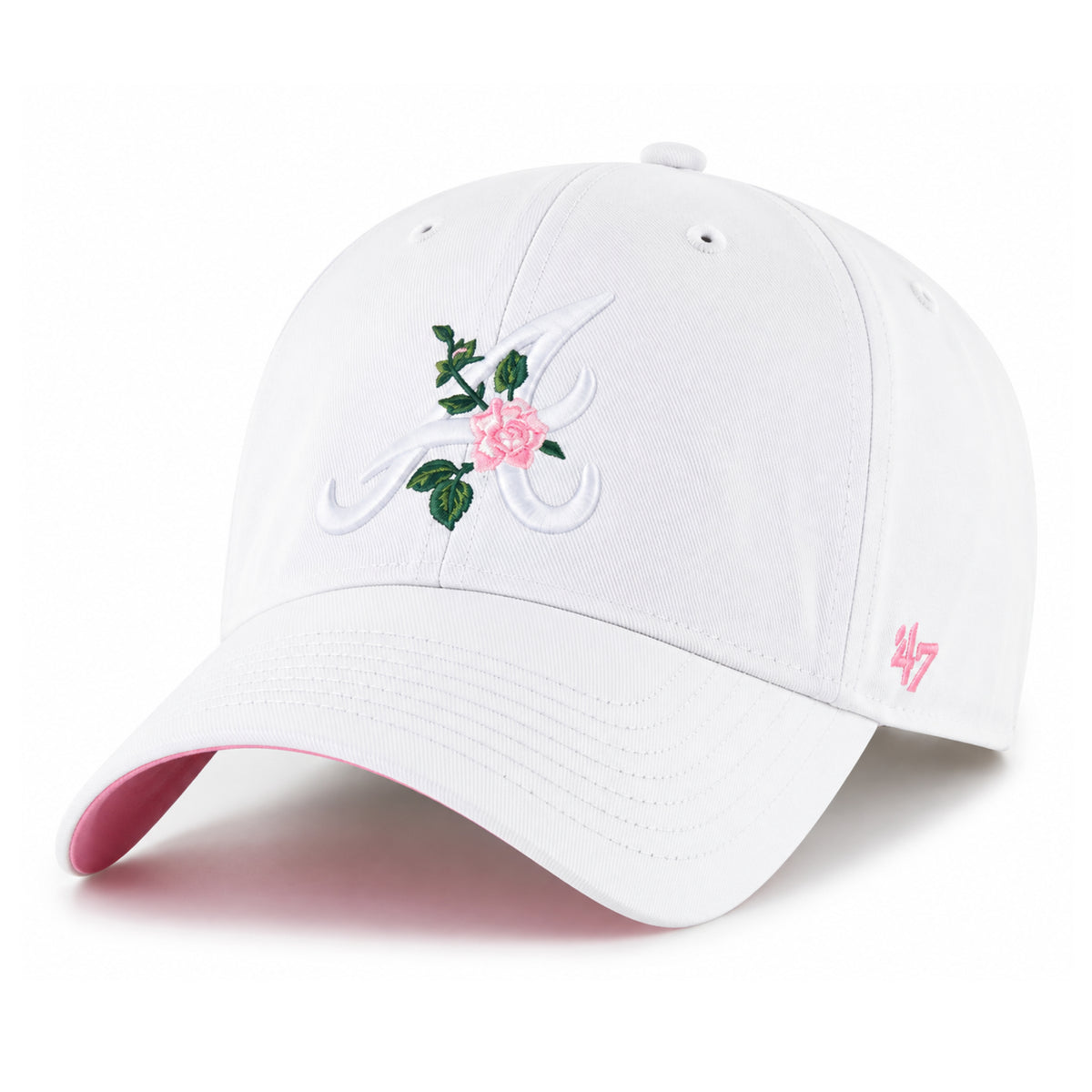'47 Brand Atlanta Braves white adjustable hat front view with white A logo and pink rose embroidery