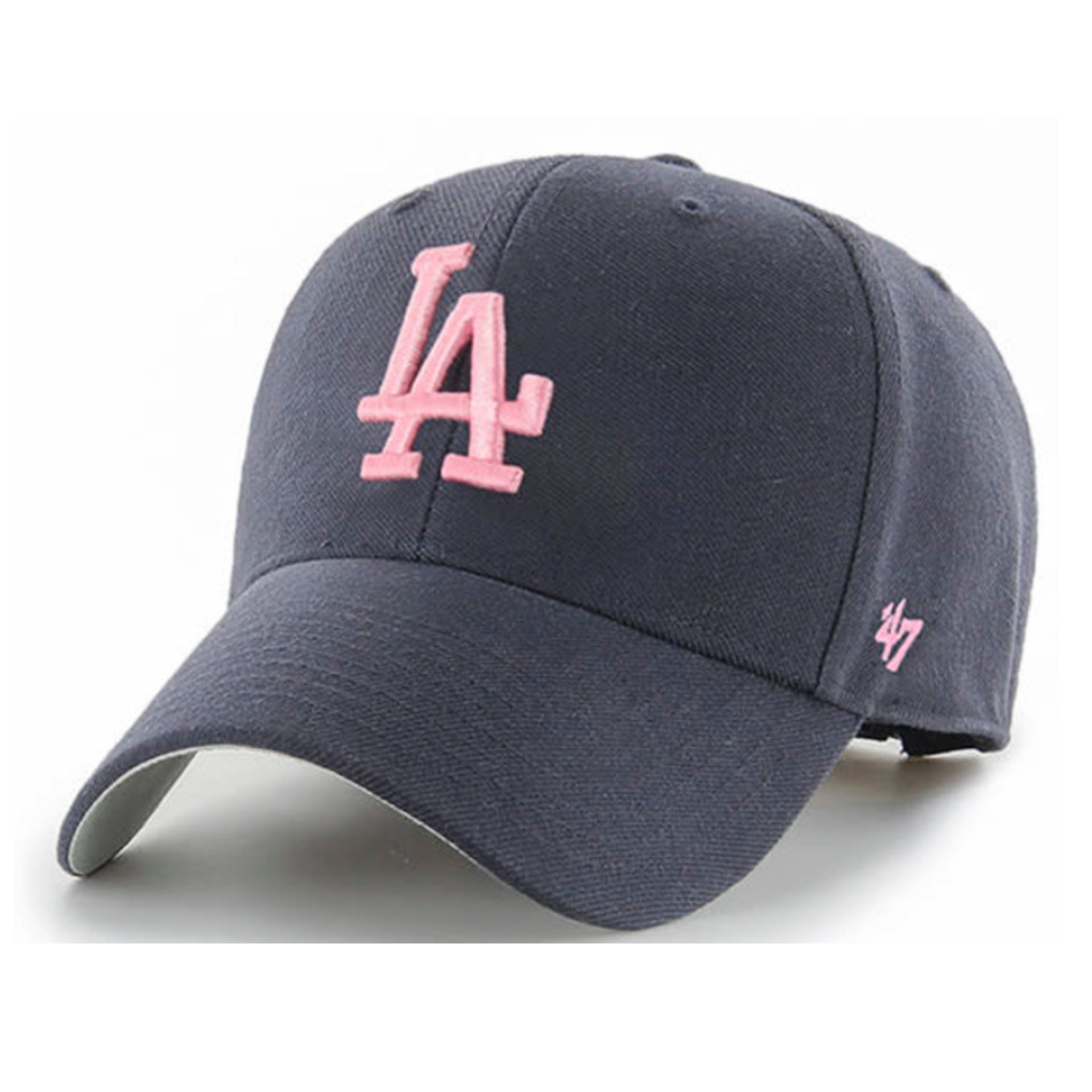 '47 Brand Los Angeles Dodgers Navy Pink MVP Adjustable Velcro Hat front angle view
