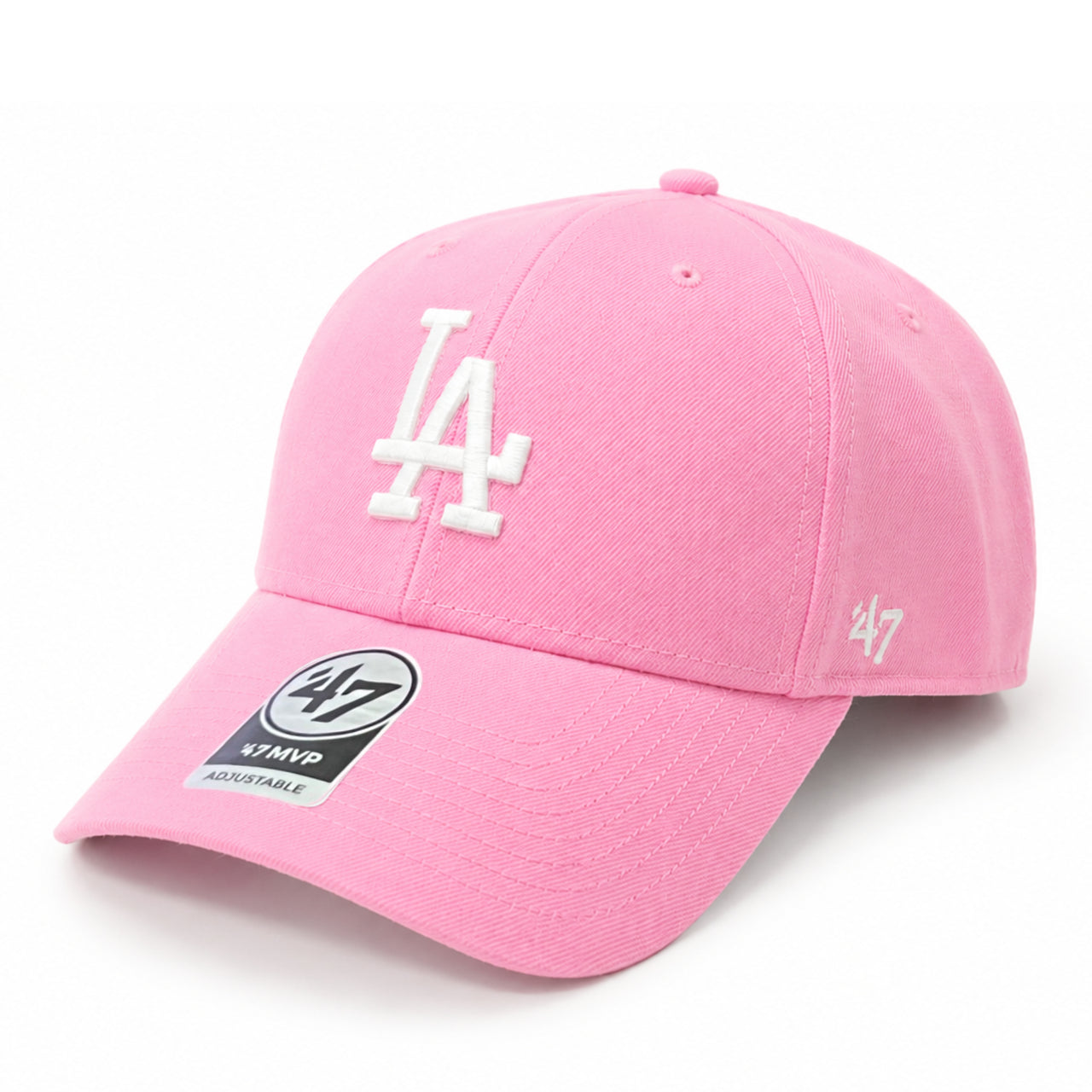 Pink baseball cap with LA logo and '47 brand on a white background