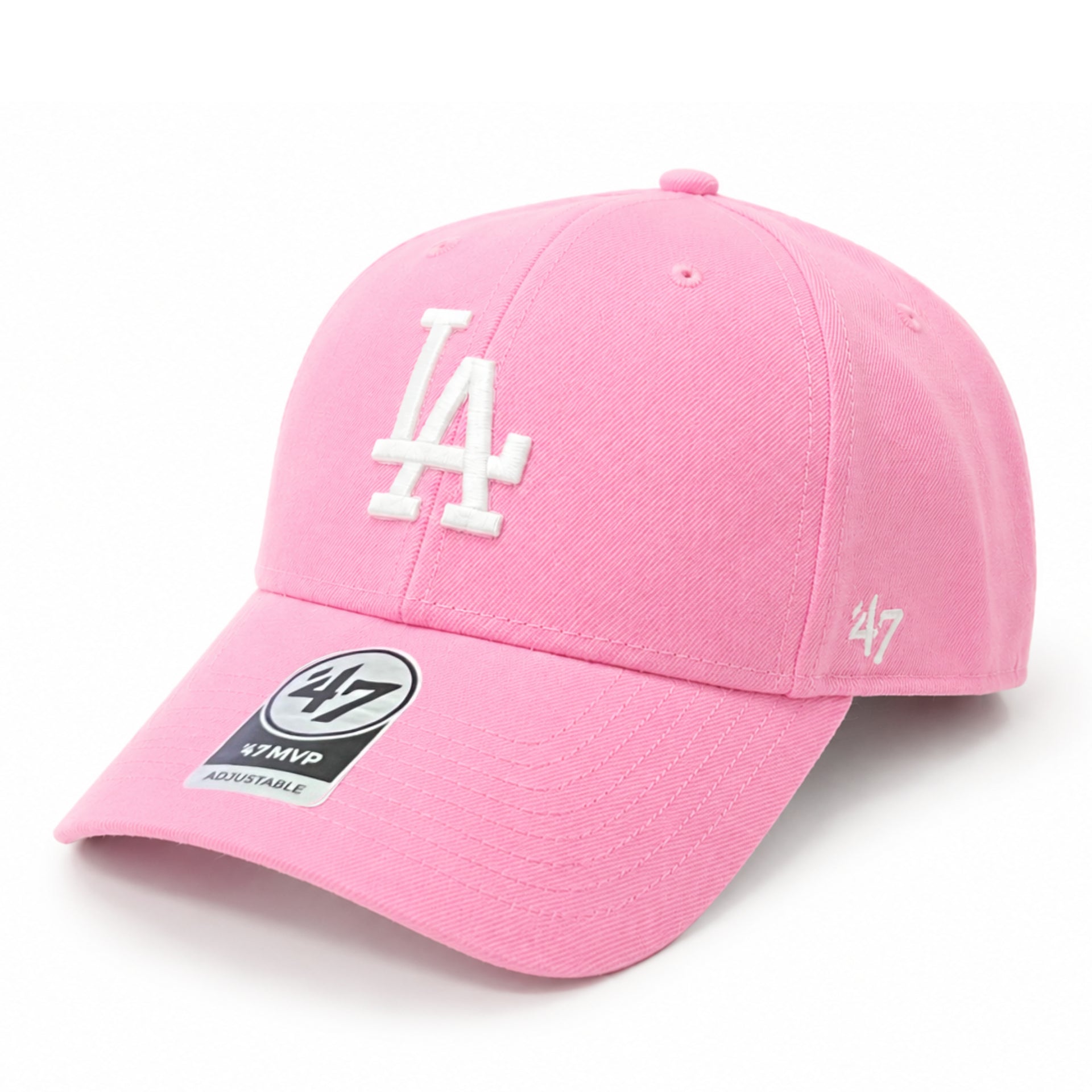Pink baseball cap with LA logo and '47 brand on a white background