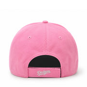 Pink baseball cap with 'Dodgers' logo on a white background