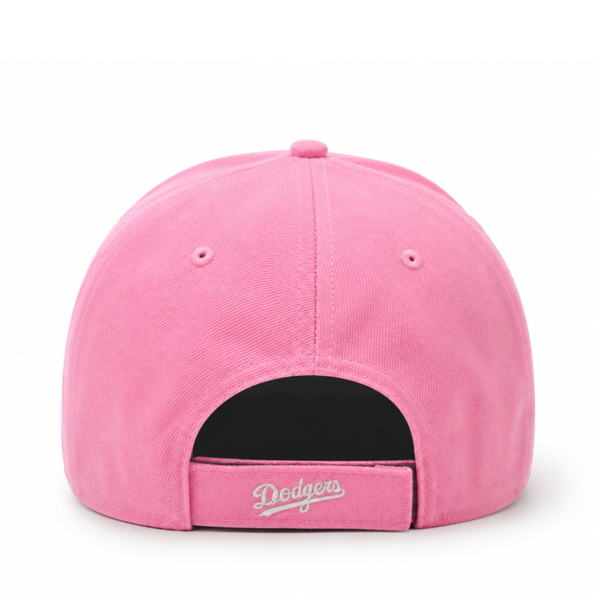 Pink baseball cap with 'Dodgers' logo on a white background