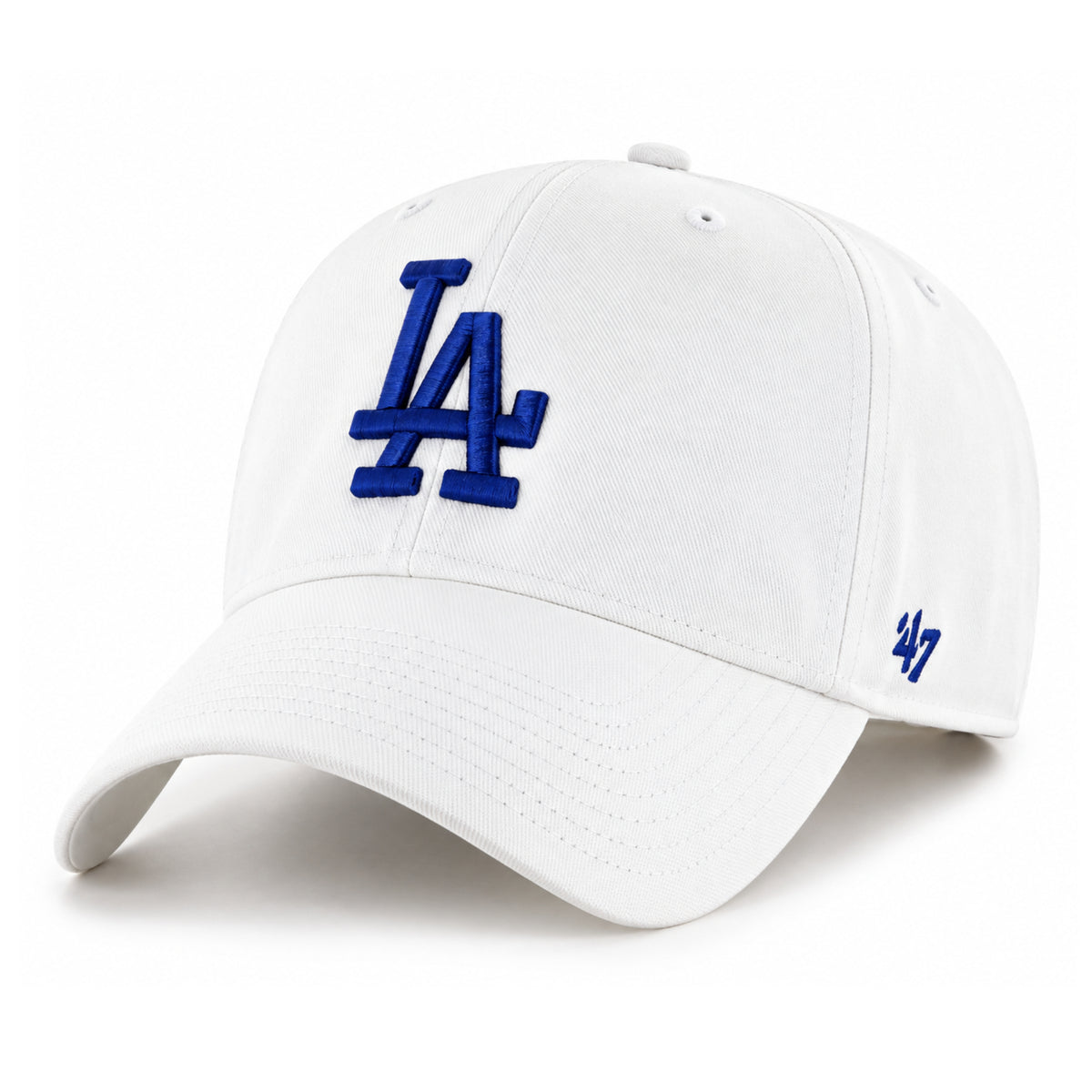 '47 Brand Los Angeles Dodgers white adjustable hat front view with blue LA logo