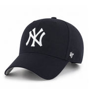Navy baseball cap with white logo on a white background