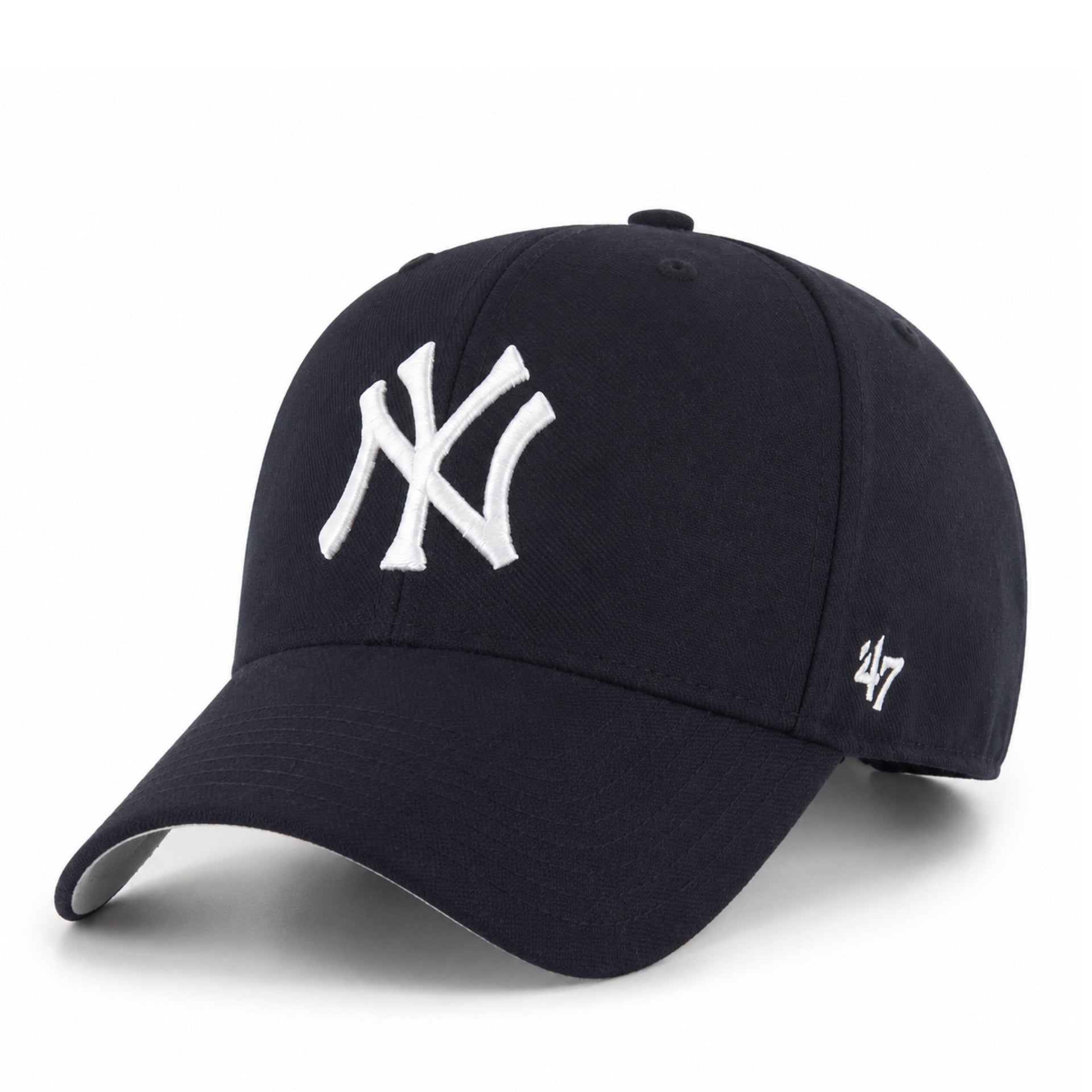 Navy baseball cap with white logo on a white background