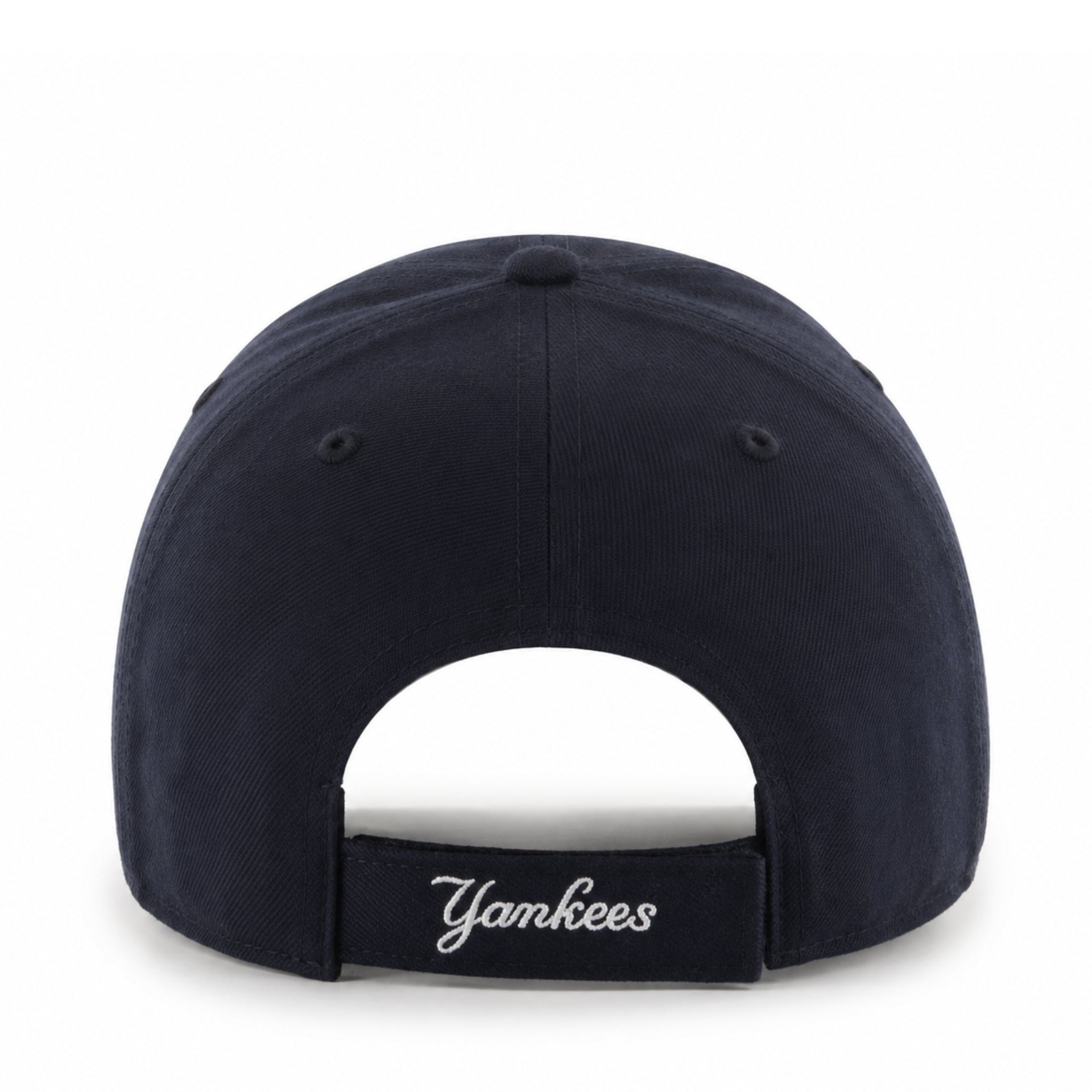 Navy blue cap with 'Yankees' logo on a white background