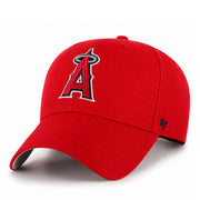Red baseball cap with a logo on a white background