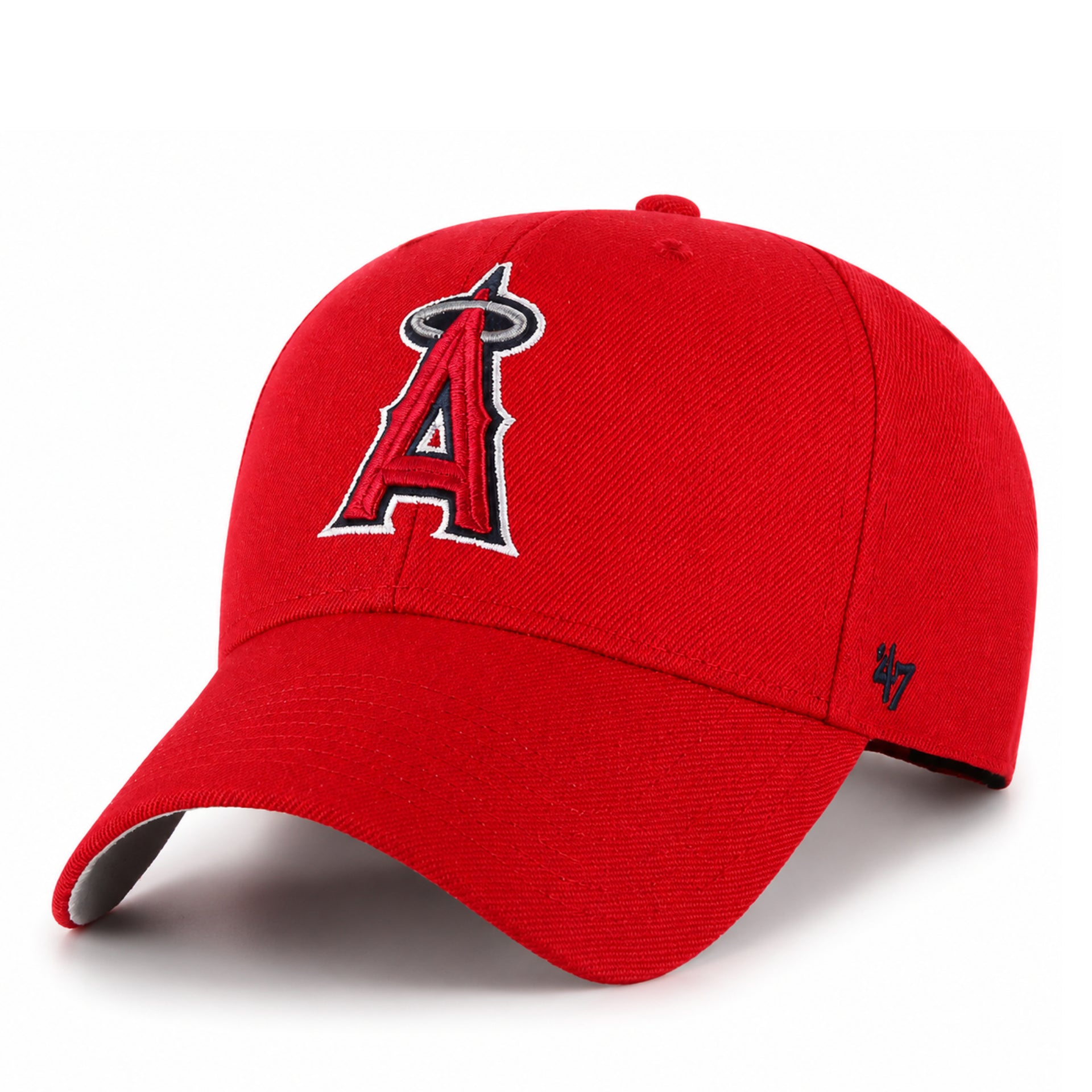 Red baseball cap with a logo on a white background
