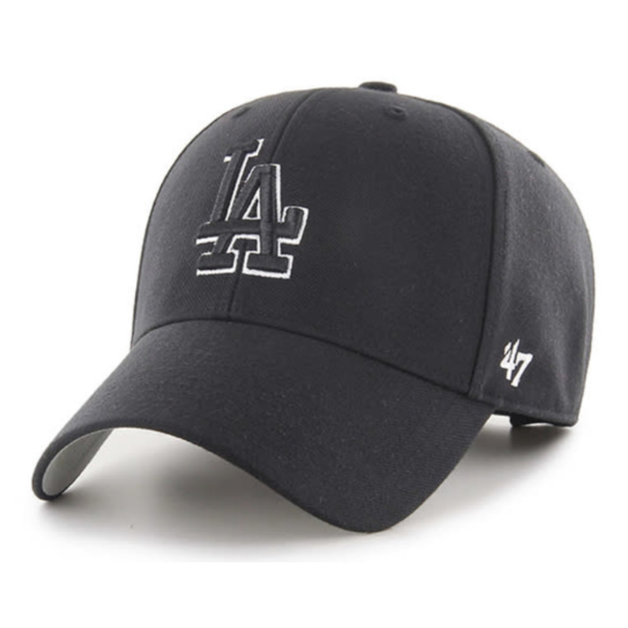 Front view of '47 Brand Los Angeles Dodgers black MVP adjustable hat with black logo and white outline