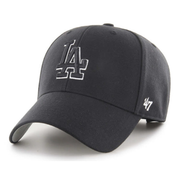 Front view of '47 Brand Los Angeles Dodgers black MVP adjustable hat with black logo and white outline