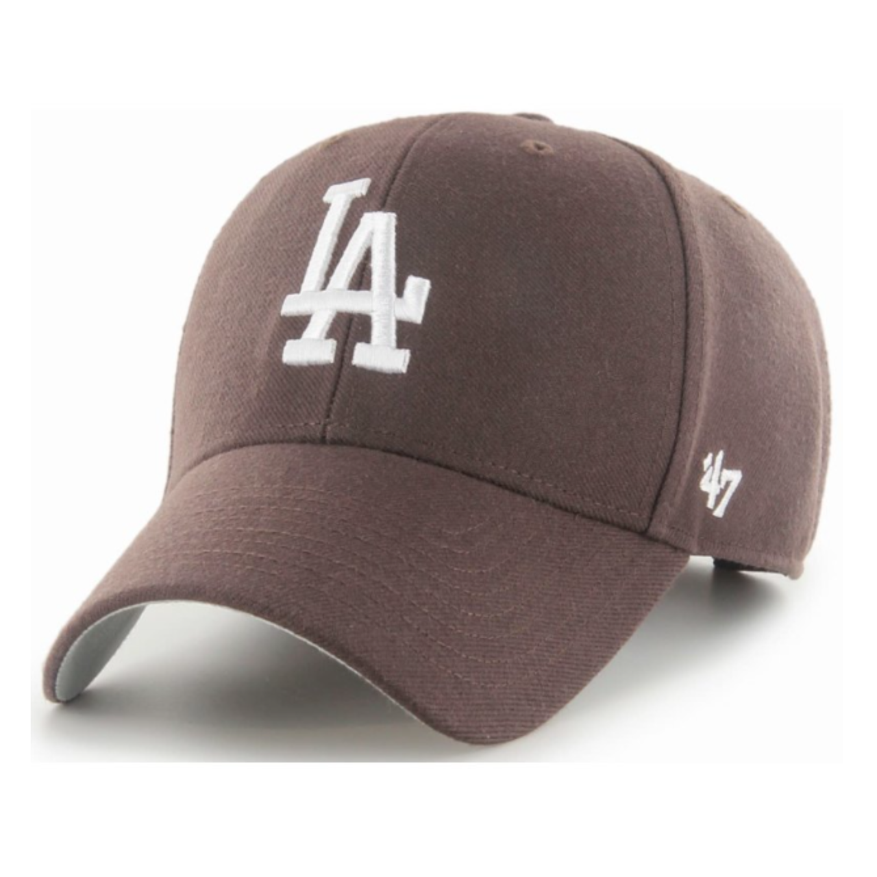 Front view of '47 Brand Los Angeles Dodgers brown MVP adjustable hat with white logo