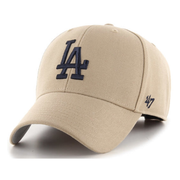 Front view of '47 Brand Los Angeles Dodgers khaki MVP adjustable hat with black logo