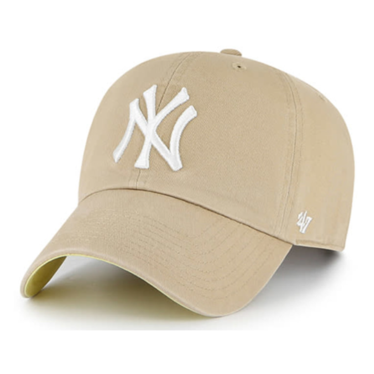 Khaki ’47 Brand New York Yankees Ballpark Clean Up adjustable strap hat with white NY logo, front view on white background