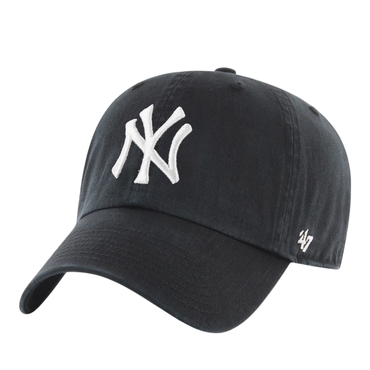 Black ’47 Brand New York Yankees Clean Up adjustable strap hat with white NY logo, front view on white background