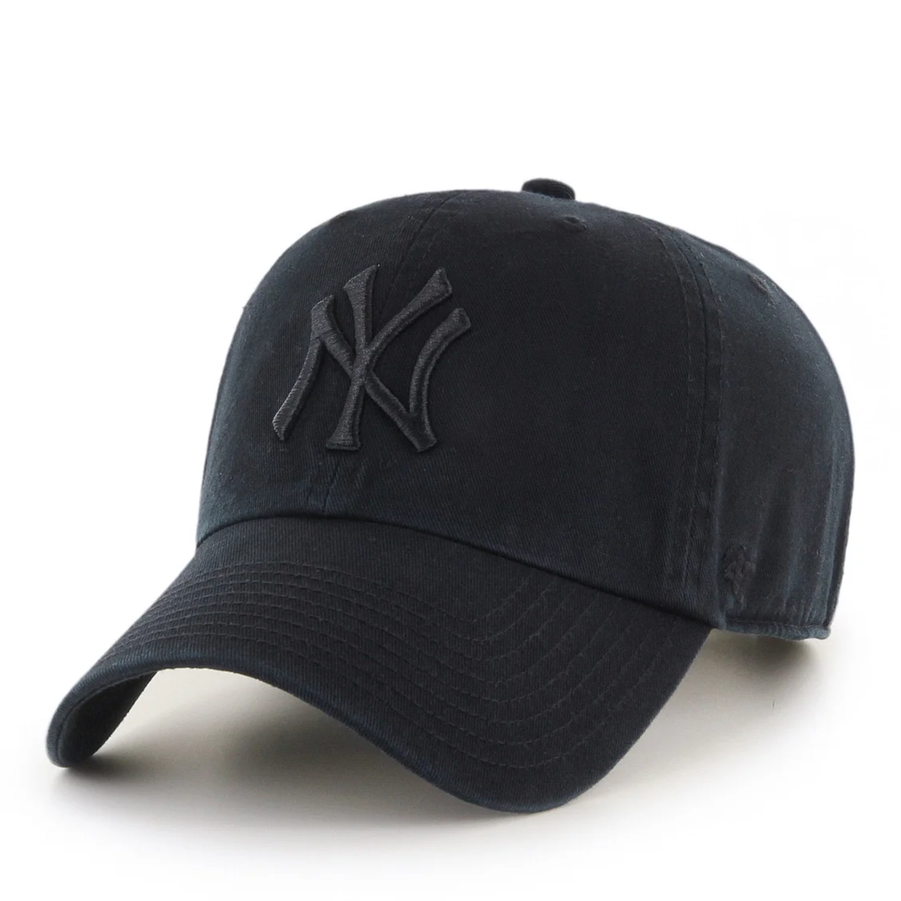 Black on black ’47 Brand New York Yankees Clean Up adjustable strap hat with tonal black NY logo, front view on white background