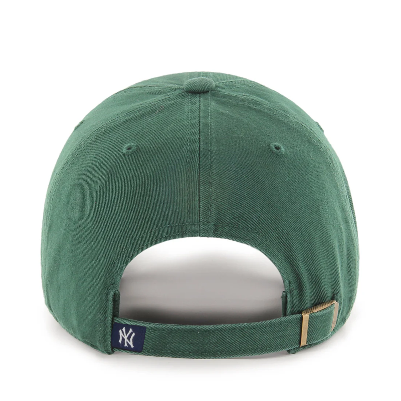 Dark green ’47 Brand New York Yankees Clean Up adjustable strap hat with adjustable fabric strap closure, back view on white background