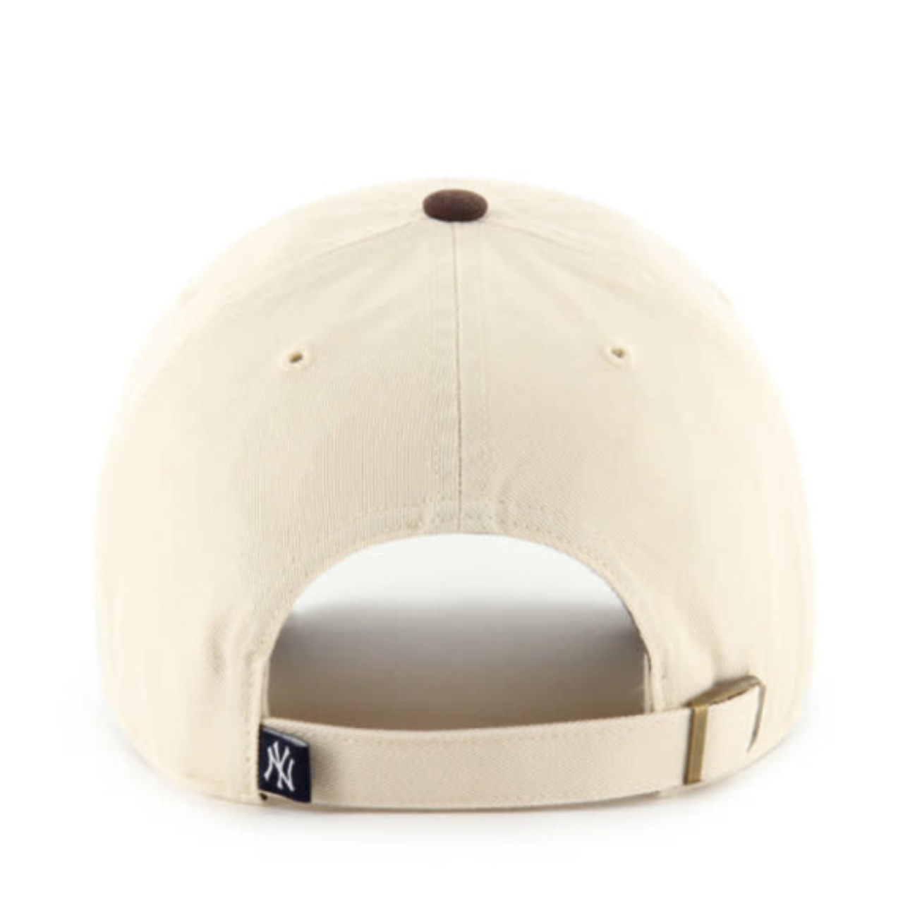 Natural and brown ’47 Brand New York Yankees Clean Up adjustable strap hat with adjustable fabric strap closure, back view on white background
