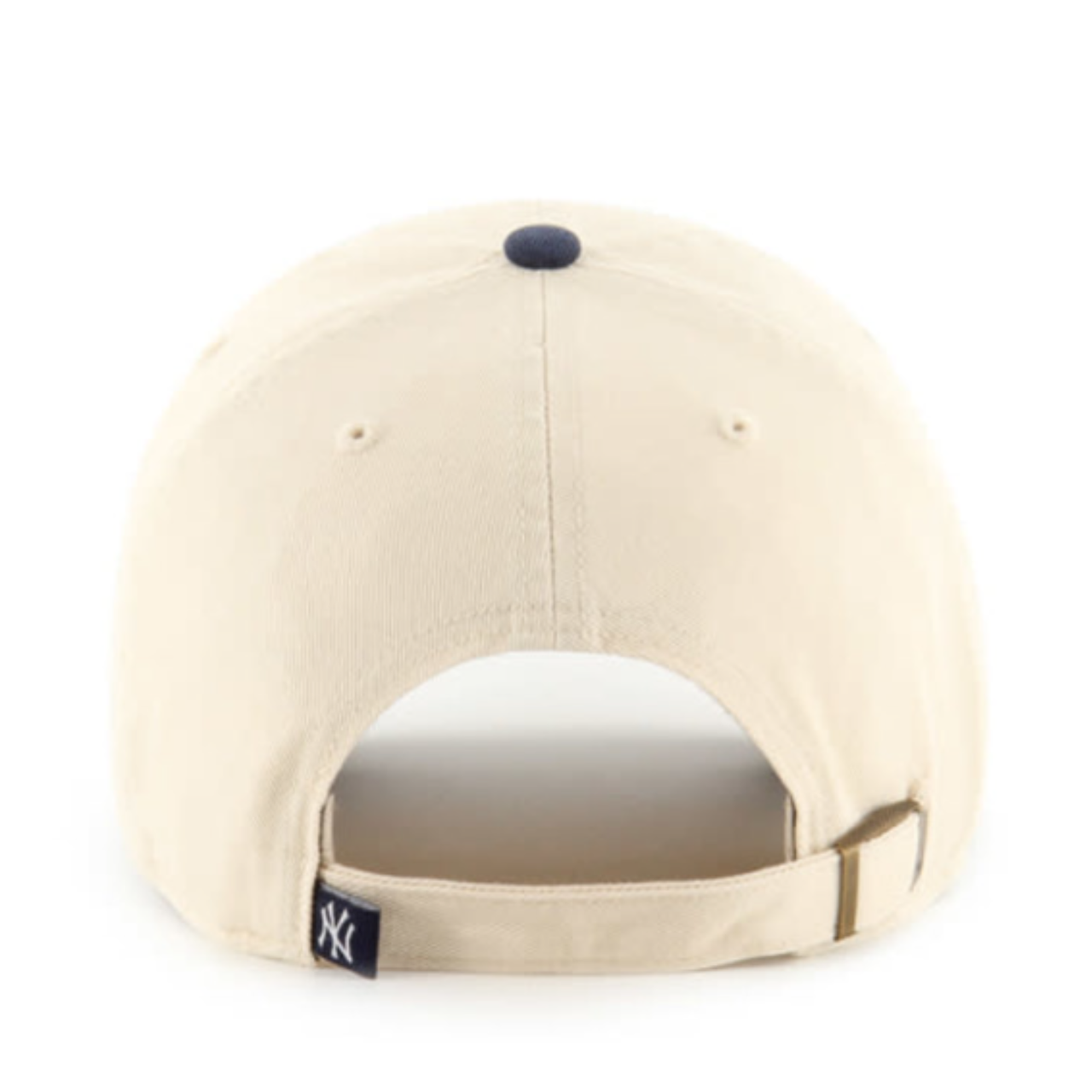 Natural and navy ’47 Brand New York Yankees Clean Up adjustable strap hat with adjustable fabric strap closure, back view on white background