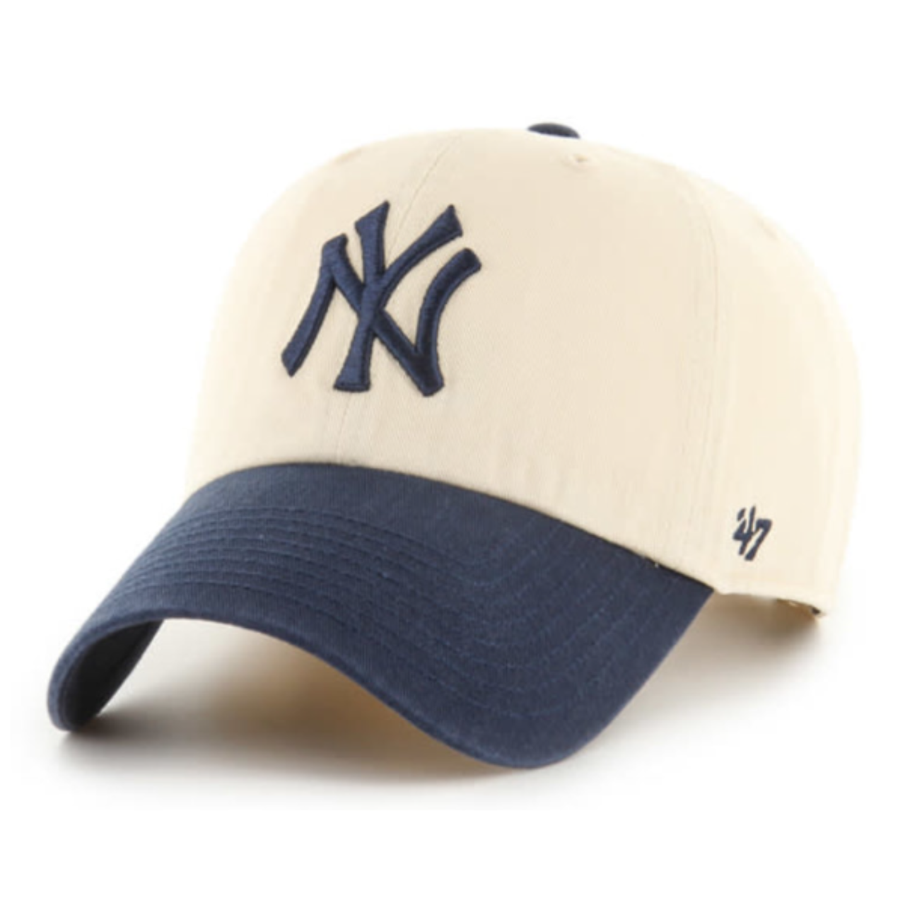 Natural and navy ’47 Brand New York Yankees Clean Up adjustable strap hat with navy NY logo, front view on white background