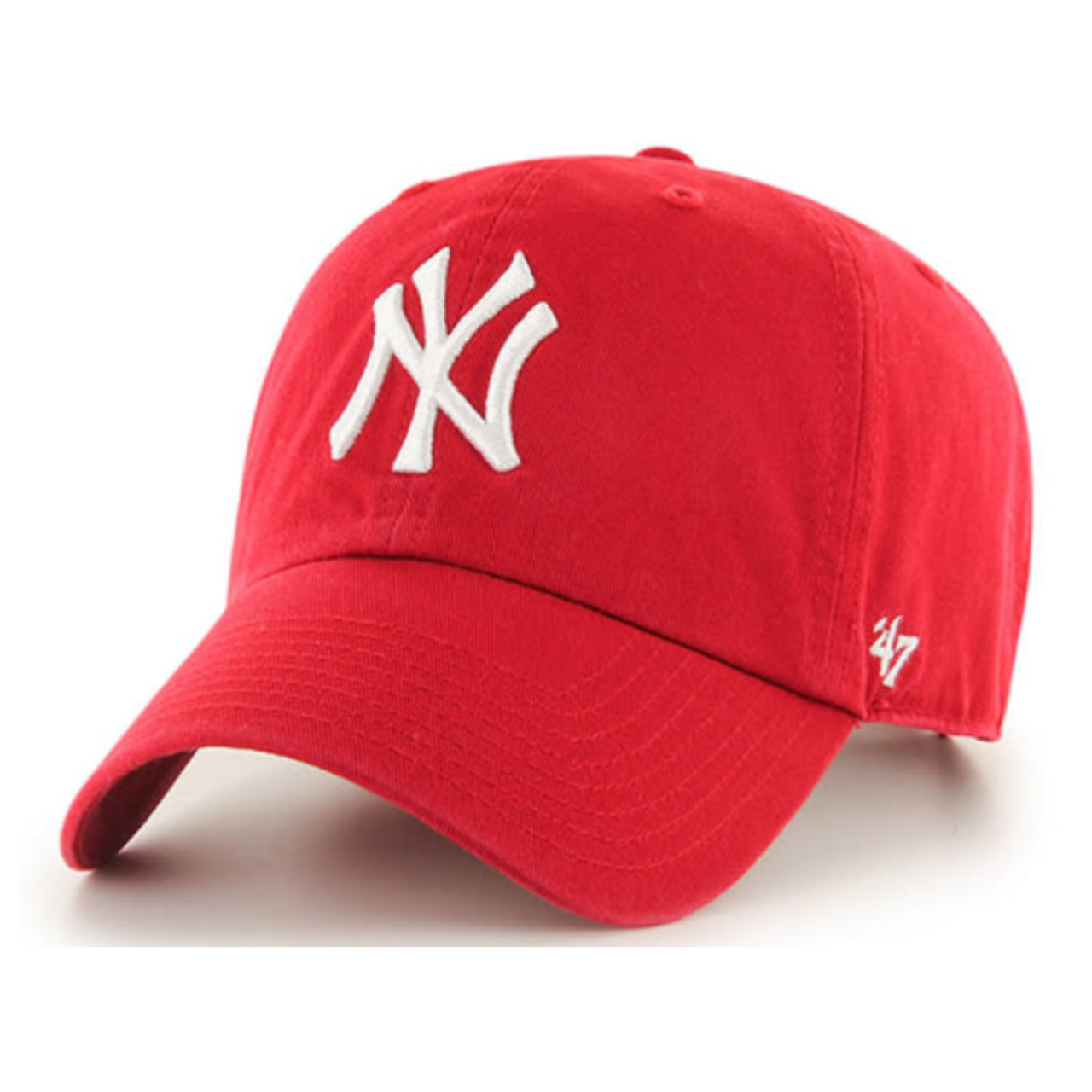 Red ’47 Brand New York Yankees Clean Up adjustable strap hat with white NY logo, front view on white background