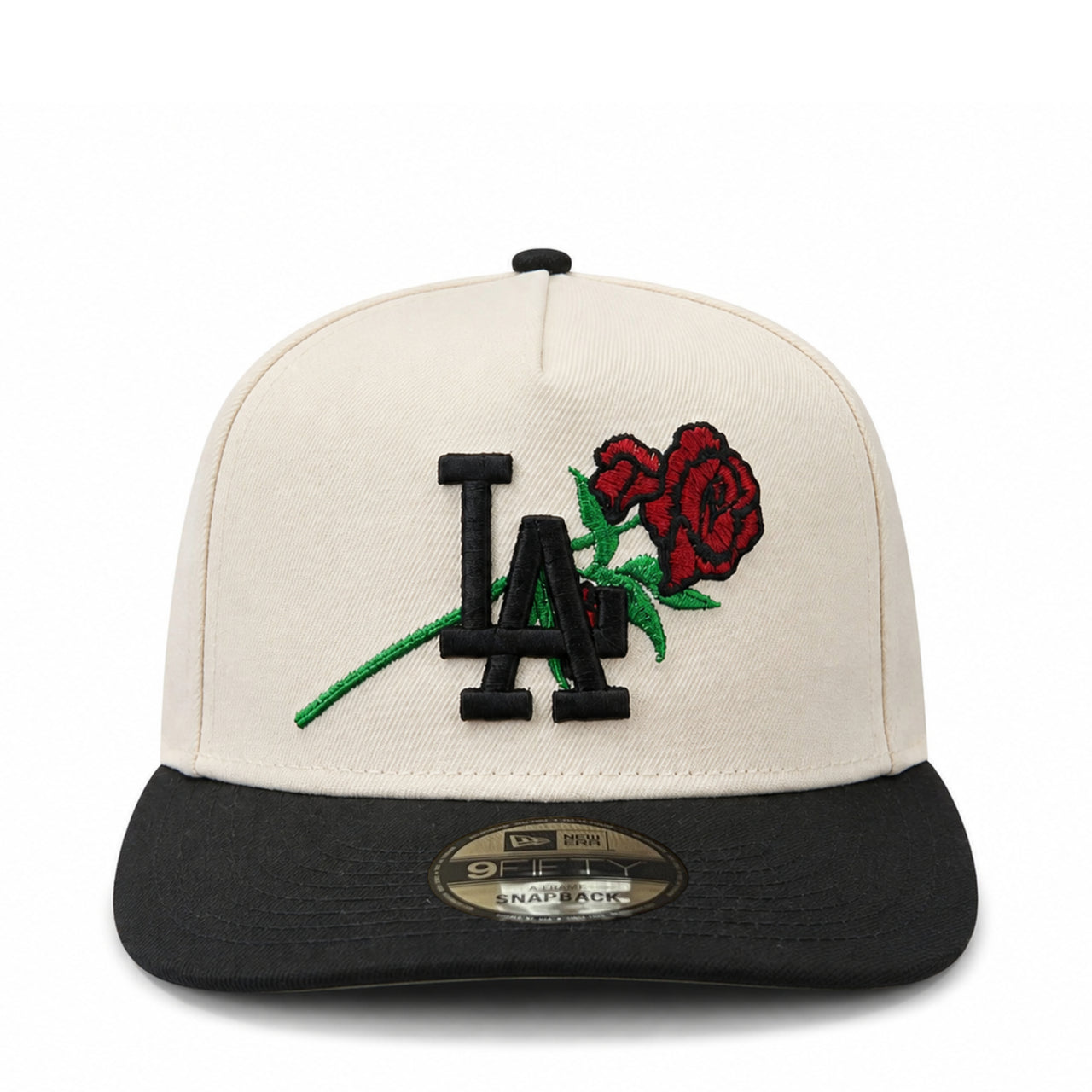 Cap with 'LA' logo and roses on a white background