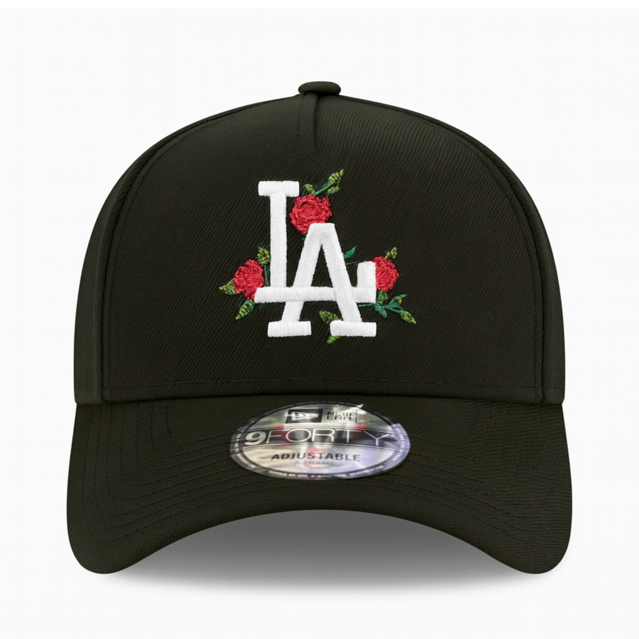 front view of New Era Los Angeles Dodgers Black Rose 9FORTY A-Frame Snapback Hat
