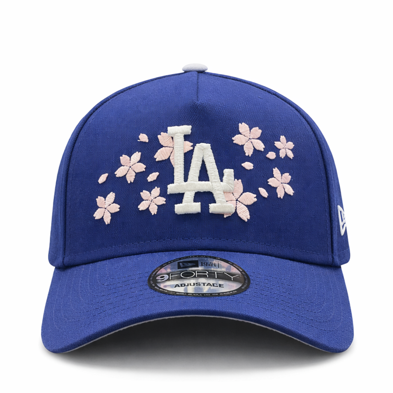 front view of New Era Los Angeles Dodgers Cherry Blossom Royal Blue 9FORTY A-Frame Snapback