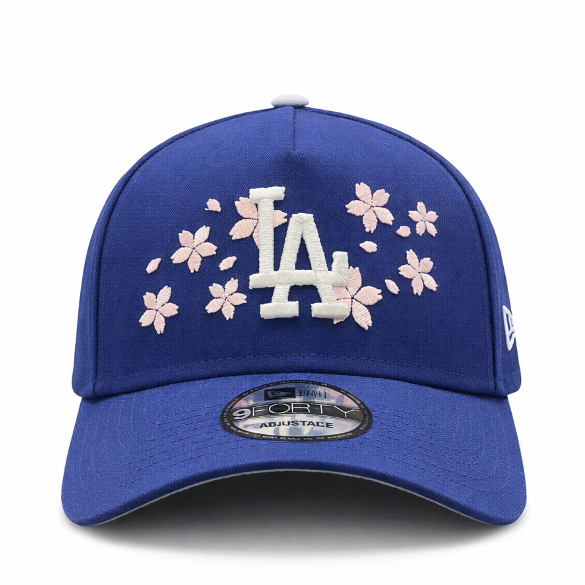 front view of New Era Los Angeles Dodgers Cherry Blossom Royal Blue 9FORTY A-Frame Snapback