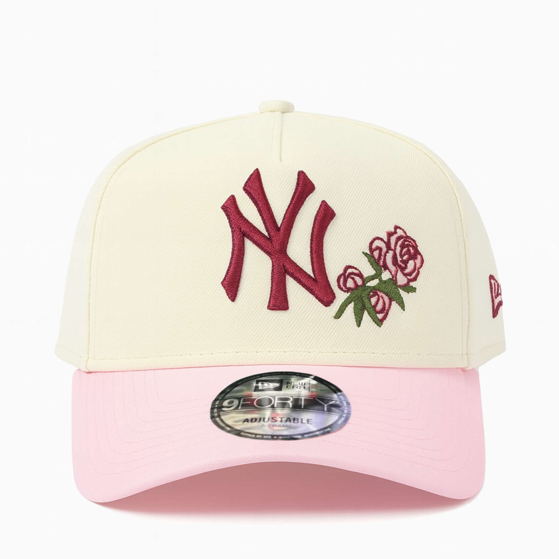 front view of New York Yankees Chrome Pink Rose 9FORTY A-Frame Snapback