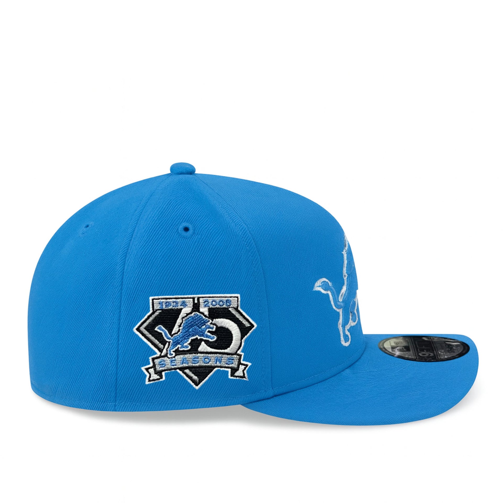 side patch of New Era Detroit Lions 75th Anniversary Blue 9FIFTY A-Frame Snapback Hat