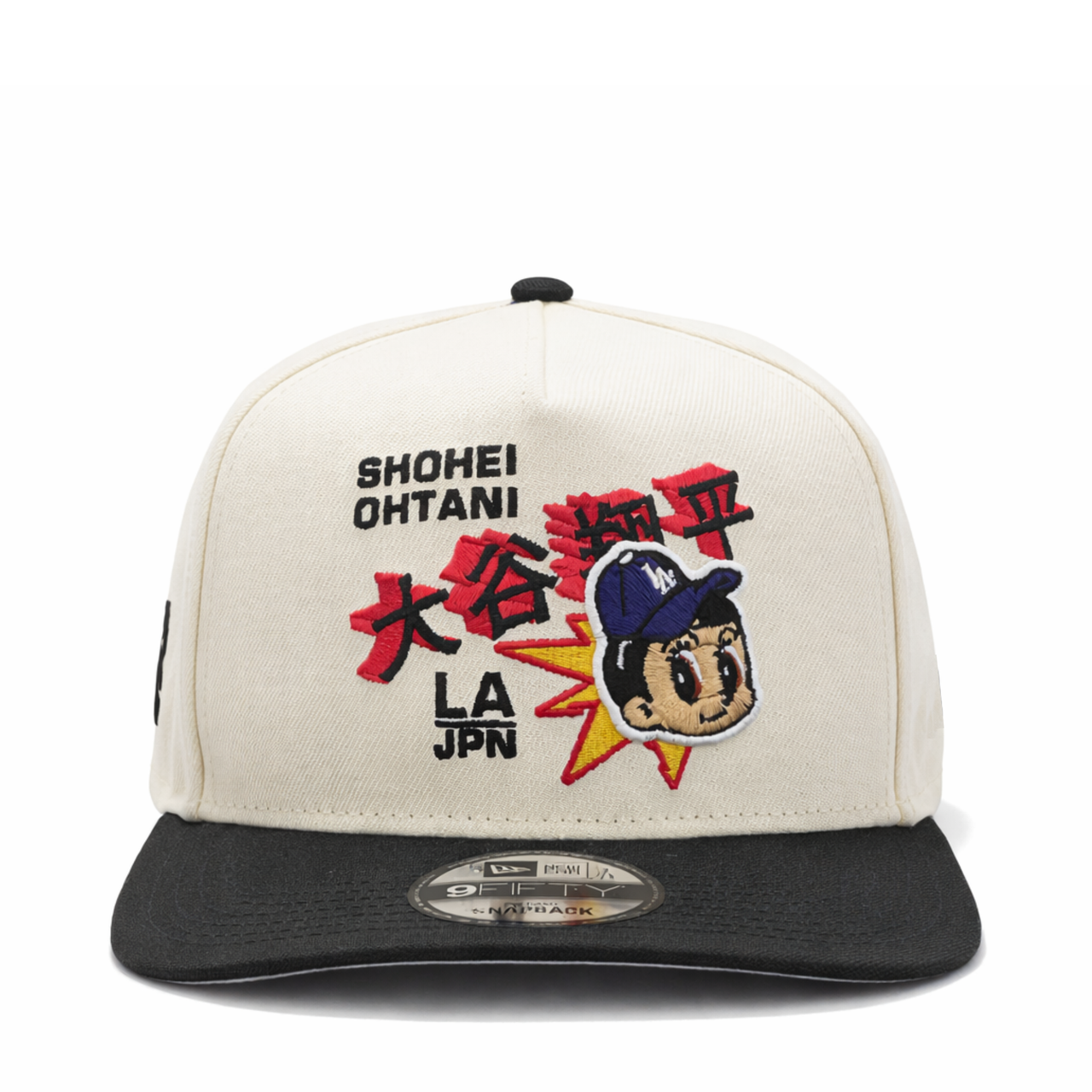front view of New Era Los Angeles Dodgers Shohei Ohtani Chrome Black 9FIFTY A-Frame Fitted Hat