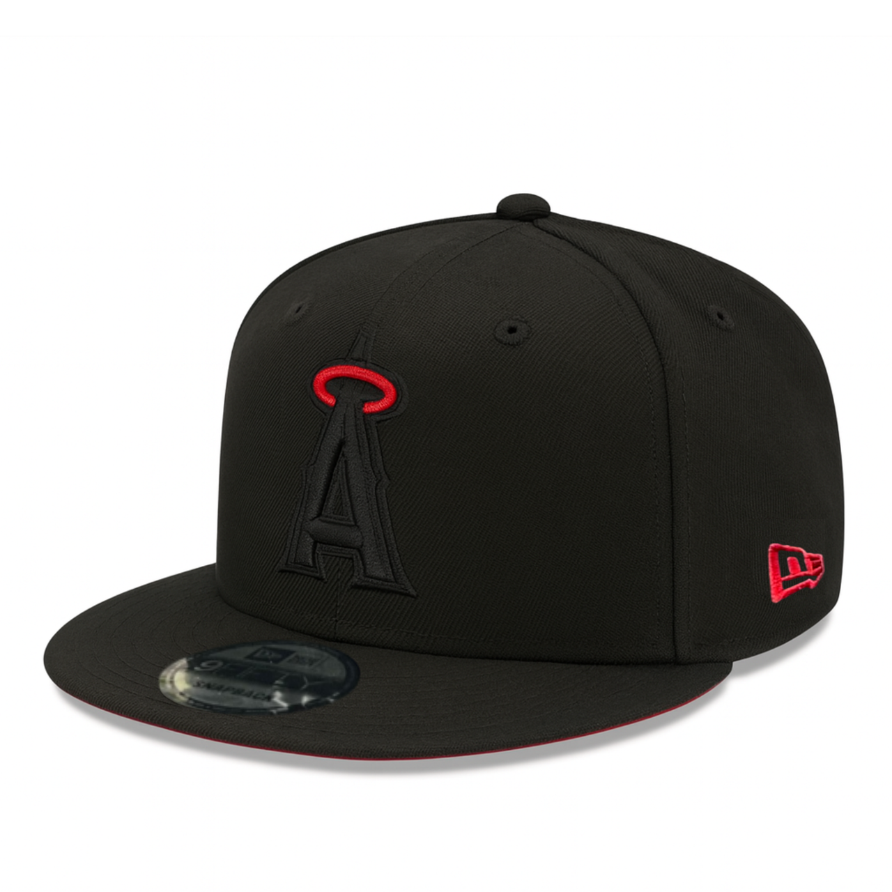 side view of New Era Los Angeles Anaheim Angels Black Out Red Halo 9FIFTY Snapback Hat