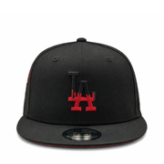 front view of New Era Los Angeles Dodgers Bloody Drip Black 9FIFTY Snapback Hat