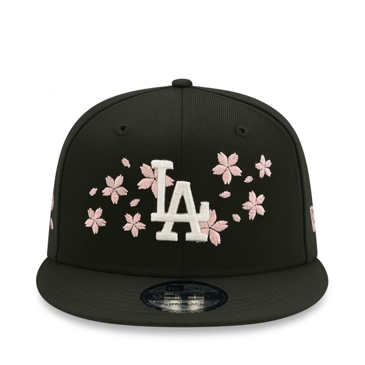 front view of New Era Los Angeles Dodgers Cherry Blossom Tokyo Series Black 9FIFTY Snapback Hat