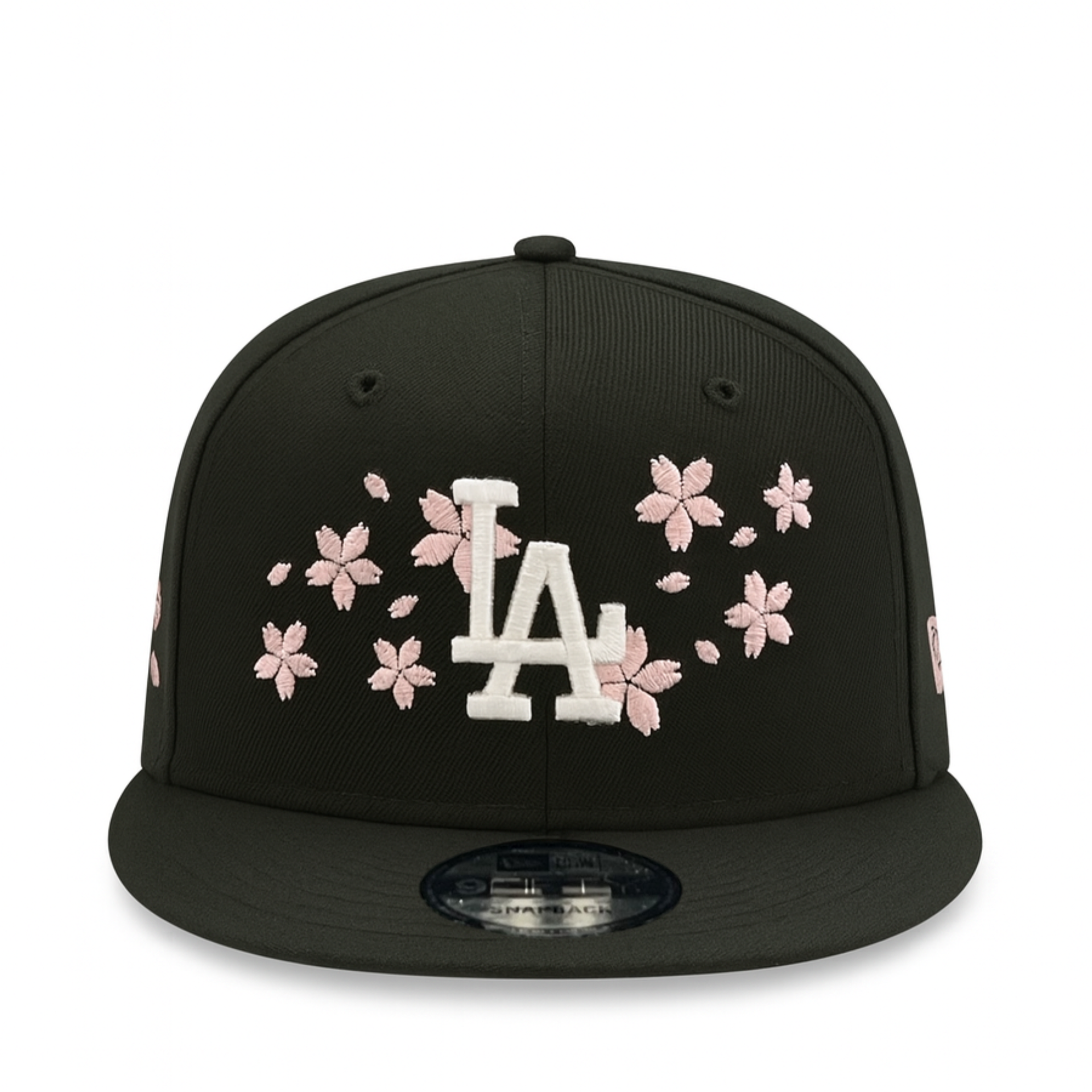 front view of New Era Los Angeles Dodgers Cherry Blossom Tokyo Series Black 9FIFTY Snapback Hat