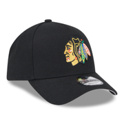 Front View of New Era Chicago Blackhawks Black A-Frame 9FORTY Snapback Hat